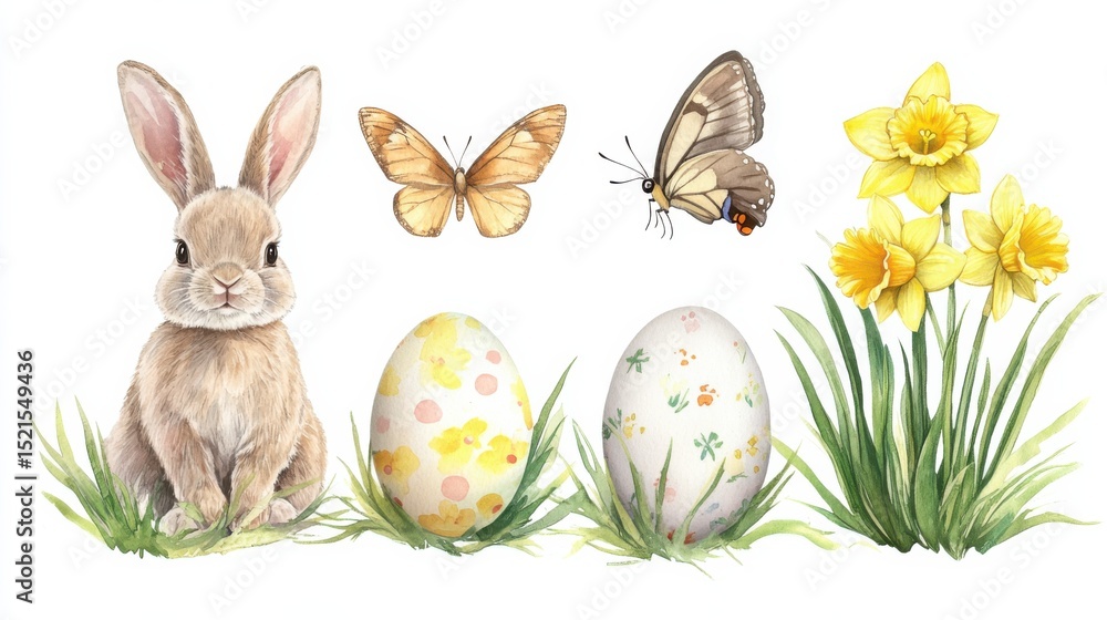 Collection of watercolor Easter elements including eggs and snowdrops Collection of watercolor Easter elements including eggs and snowdrops