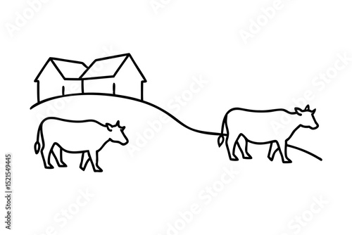 Two cows grazing near farmhouses line drawing illustration
