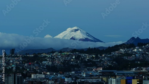 Timelapse of the Cotopaxi volcano at dawn seen from the city of Quito.