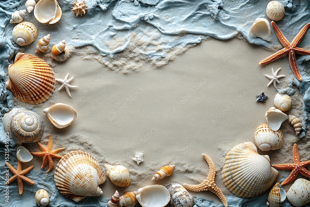 Fototapeta premium Seashells starfish sand summer beach ocean background
