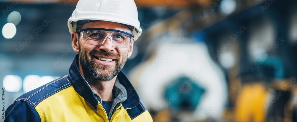 The hardworking man in a safety helmet smiles confidently in the workshop. The hardworking man in a safety helmet smiles confidently in the workshop.