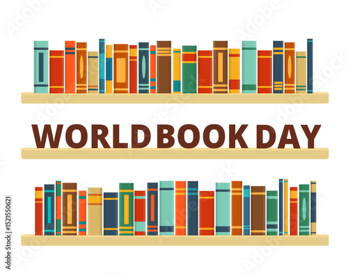 Books on shelves isolated on white background. World book day banner concept. Vector stock