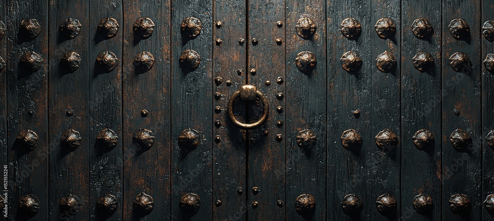 Fototapeta premium Ancient dark wooden door with intricate carvings in autumn setting