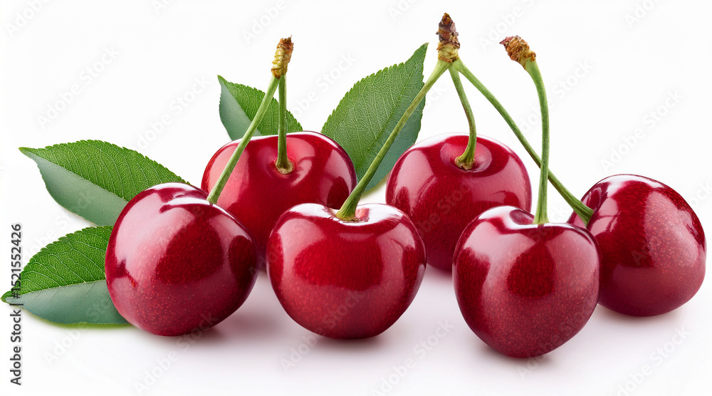 Obraz premium cherries with leaves with shadow on white background