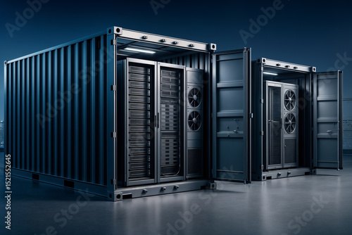 Image of two open shipping containers converted into mobile data centers, featuring visible server racks and cooling systems, showcasing modern technological infrastructure.