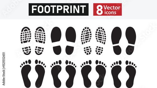 Set of 8 Black Footprint Silhouettes – Bare Feet and Various Shoe Sole Prints Including Boots, Sneakers, and Formal Shoes – Vector Icons
