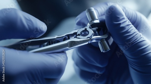 Performing meticulous biomedical engineering using advanced surgical tool in sterile blue gloves and