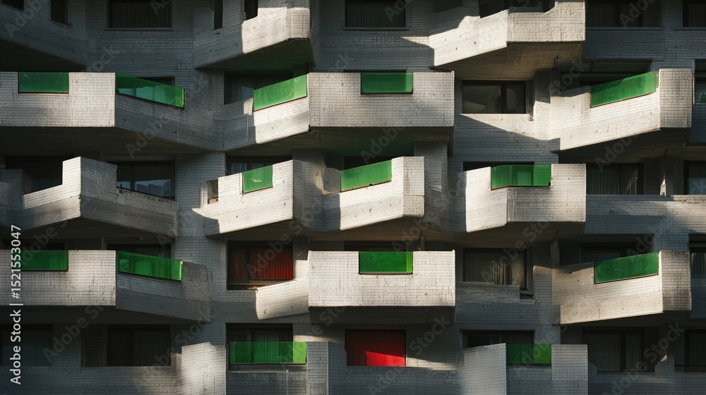 brutalist apartment facade with green balconies and one red accent in sunlight brutalist apartment facade with green balconies and one red accent in sunlight