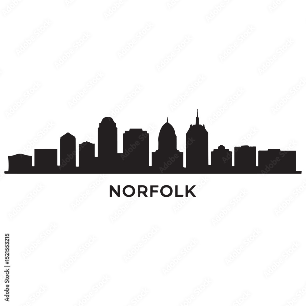 Obraz premium Panoramic View of Downtown Norfolk Skyline. Norfolk city black silhouette skyscrapers and buildings. Long cityscape. Vector black silhouette. with white background