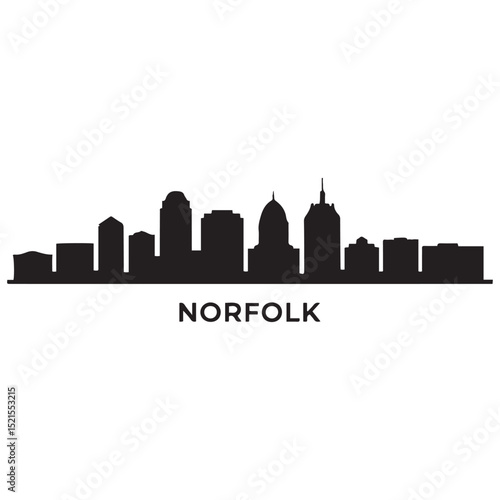 Panoramic View of Downtown Norfolk Skyline. Norfolk city black silhouette skyscrapers and buildings. Long cityscape. Vector black silhouette. with white background