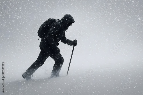 Person Walking Through a Blizzard with Heavy Snowfall and Using a Walking Stick