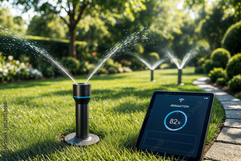 © studioworkstock - A smart irrigation system is watering a lush garden with sprinklers, managed by a tablet displaying an 82% progress indicator, exemplifying modern gardening technology. © studioworkstock - A smart irrigation system is watering a lush garden with sprinklers, managed by a tablet displaying an 82% progress indicator, exemplifying modern gardening technology.