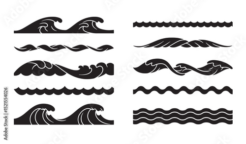 Collection of black and white silhouette wave borders and decorative design elements for nautical and ocean themes