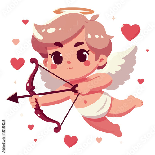 sweet, winged Cupid character with a halo, holding a bow and arrow, surrounded by hearts. Ideal for websites/blogs on Valentine's Day, love, romance, relationships, or celebrations.