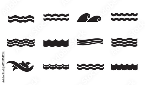 Set of black and white stylized ocean waves and waterline silhouettes design elements