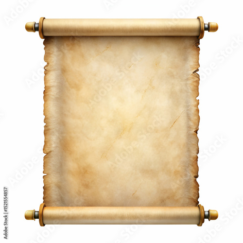 Ancient parchment scroll with torn edges and detailed texture on a white background