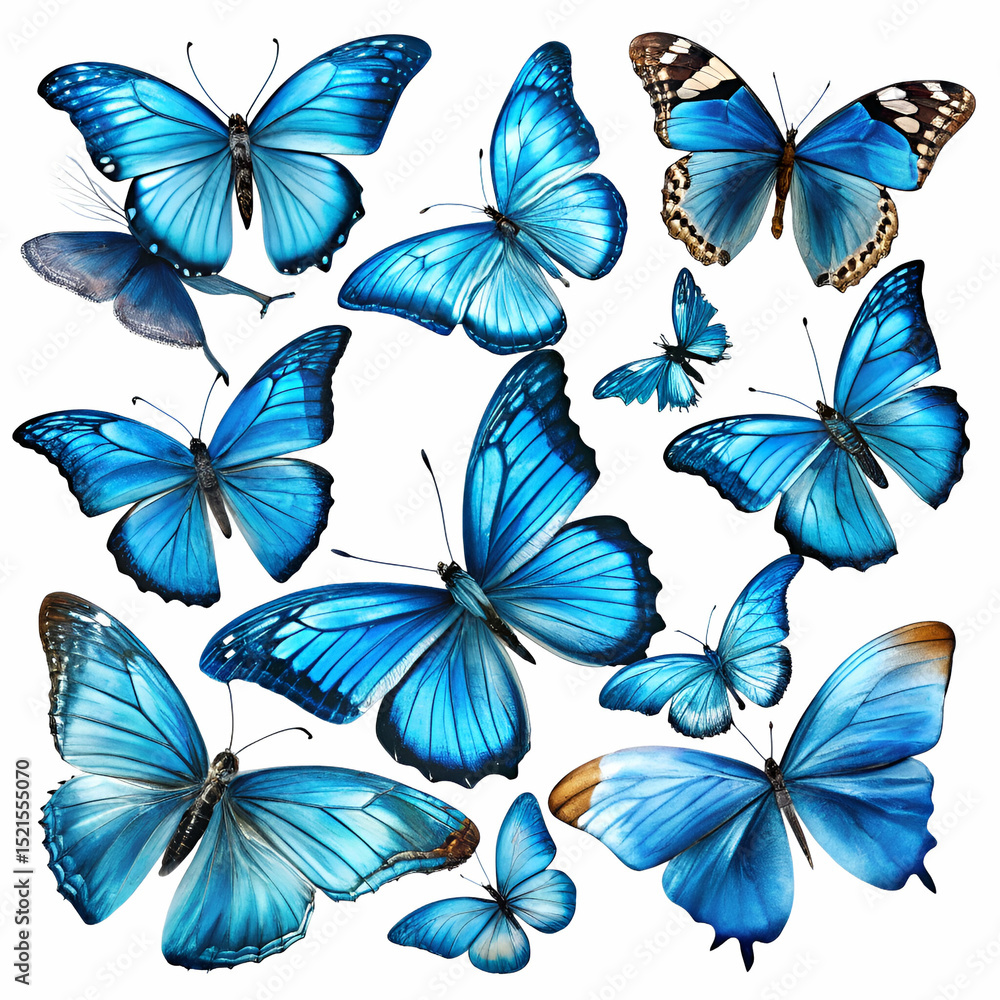 Obraz premium Beautiful assortment of vibrant blue butterflies showcasing intricate patterns and elegant wings in art