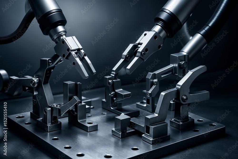 Close-up of robotic arms equipped with precision mechanical grippers, operating over a sleek metallic base, showcasing advanced manufacturing technology and automation. Close-up of robotic arms equipped with precision mechanical grippers, operating over a sleek metallic base, showcasing advanced manufacturing technology and automation.