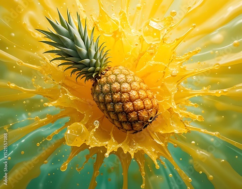 Fresh Pineapple Exploding in a Burst of Juice. A vibrant close-up image of a pineapple immersed in a dynamic explosion of fresh orange juice.