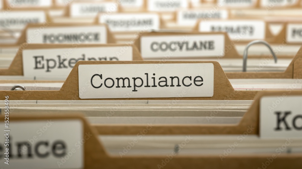 Folder labeled compliance in organized file system. Regulatory compliance, documentation management, legal organization, business integrity. Folder labeled compliance in organized file system. Regulatory compliance, documentation management, legal organization, business integrity.