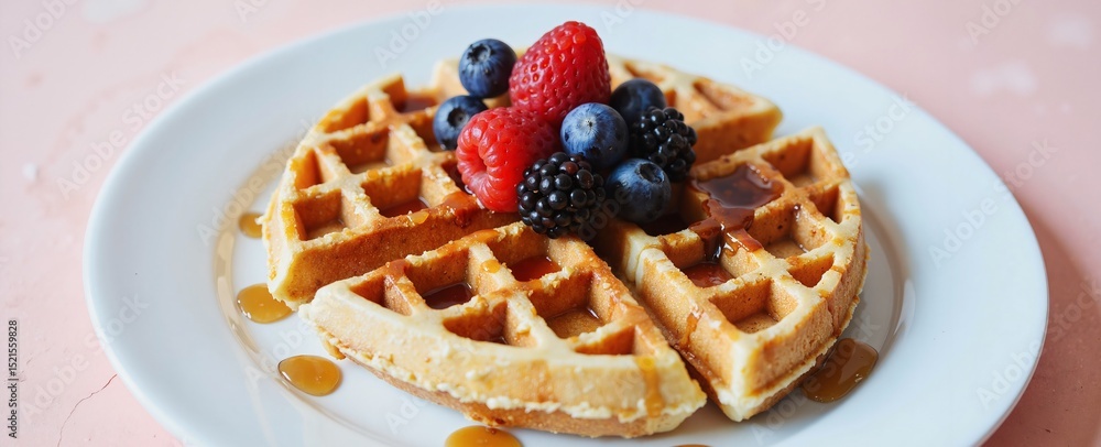 A golden waffle sits on a white plate, generously topped with fresh berries including blueberries and raspberries, drizzled with a sweet syrup A golden waffle sits on a white plate, generously topped with fresh berries including blueberries and raspberries, drizzled with a sweet syrup