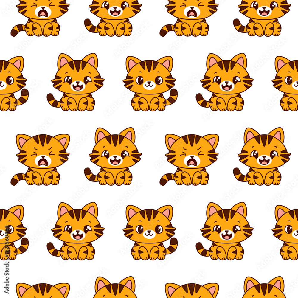 Seamless pattern with expressive orange cartoon cats on white background smiling, happy and crying. Emotional orange cartoon cats for nursery decor and gift wrapping. Vector illustration Seamless pattern with expressive orange cartoon cats on white background smiling, happy and crying. Emotional orange cartoon cats for nursery decor and gift wrapping. Vector illustration