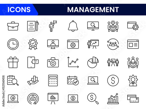 Streamlined vector web line icons showcasing management concepts, leadership, teamwork, organization, strategy, and efficient business operations.
