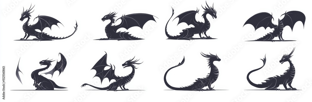 Fototapeta premium Modern silhouette of a black and white Chinese dragon tattoo set icon