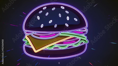 Glowing Neon Burger on Dark Background – Cyberpunk Fast Food Art

