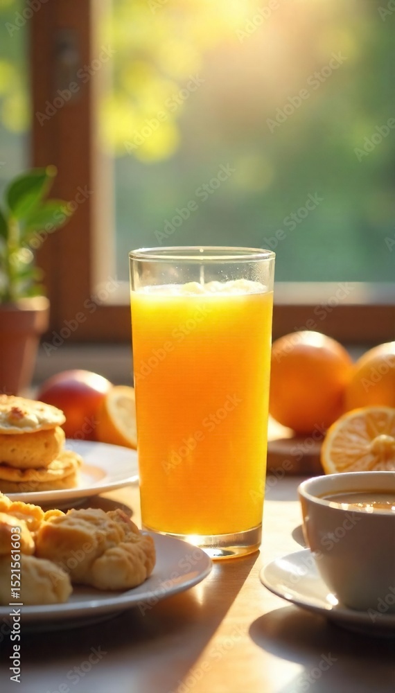 A happy family breakfast scene featuring a glass of fresh orange juice, surrounded by cheerful breakfast items and sunlight , drink, healthy, sunlight A happy family breakfast scene featuring a glass of fresh orange juice, surrounded by cheerful breakfast items and sunlight , drink, healthy, sunlight