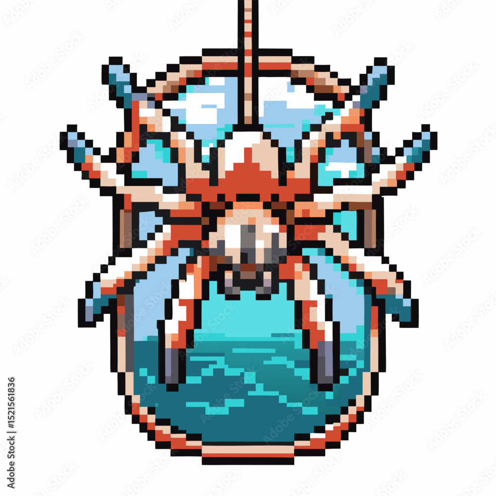 Fototapeta premium Pixel art spider hanging on web, vibrant retro video game