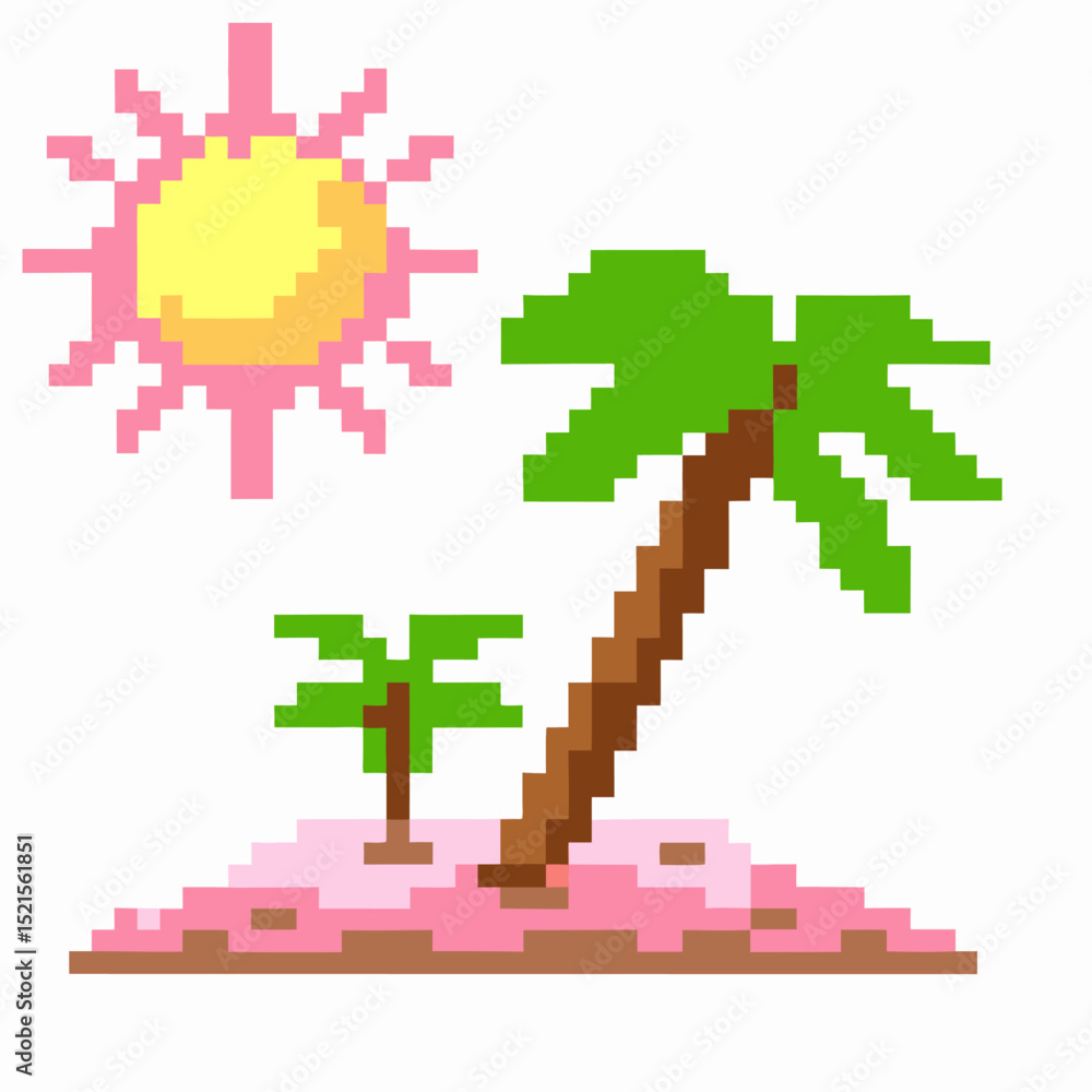 Obraz premium Pixel art tropical island with palm trees and sun in retro video game