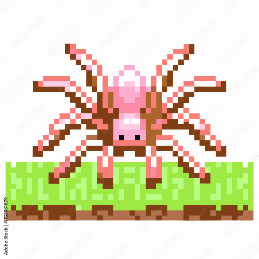 Fototapeta premium pixel art spider on grass platform retro gaming, 8 bit creature design, digital art illustration