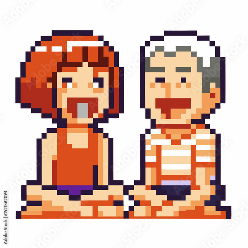 retro pixel art characters laughing, sitting together pixelated nostalgic design, humor