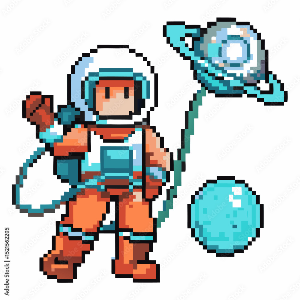 Obraz premium Pixel art astronaut with planet and tether retro space exploration, orange suit, cosmic adventure, blue sphere