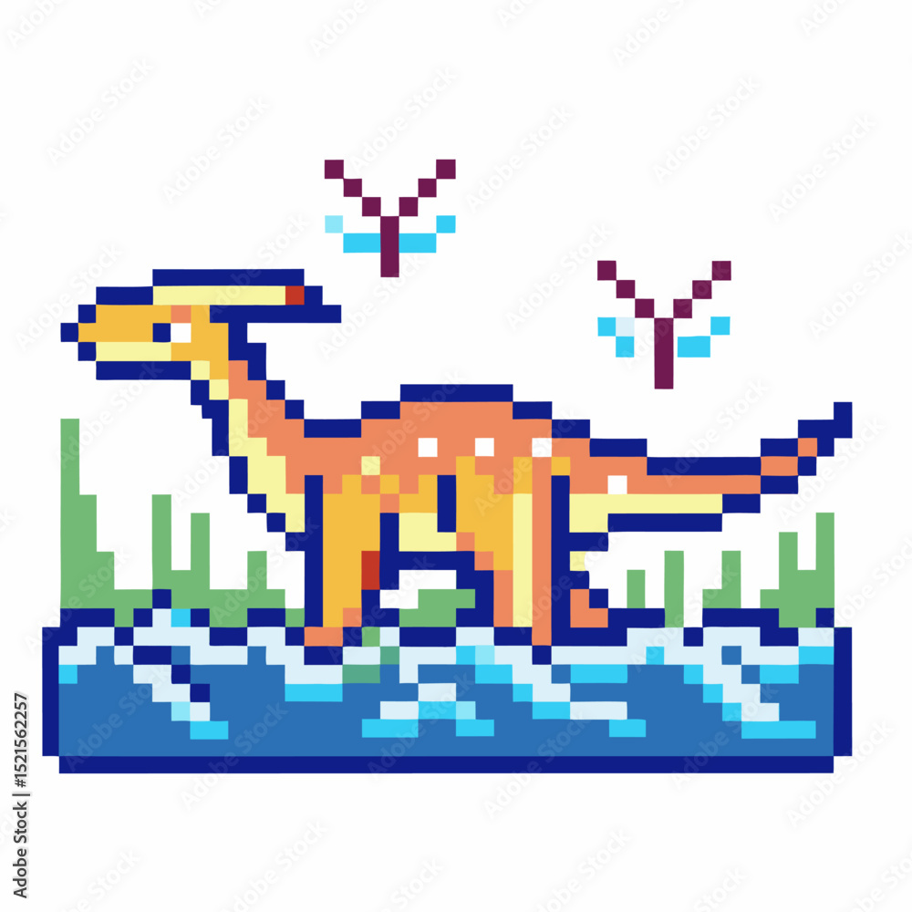Fototapeta premium Pixel art dinosaur in prehistoric landscape with dragonflies