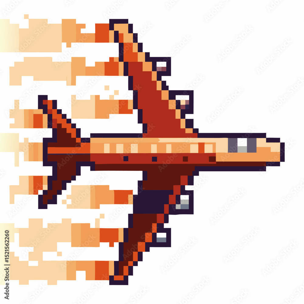 Naklejka premium Pixelated airplane in flight with gradient trail, retro gaming