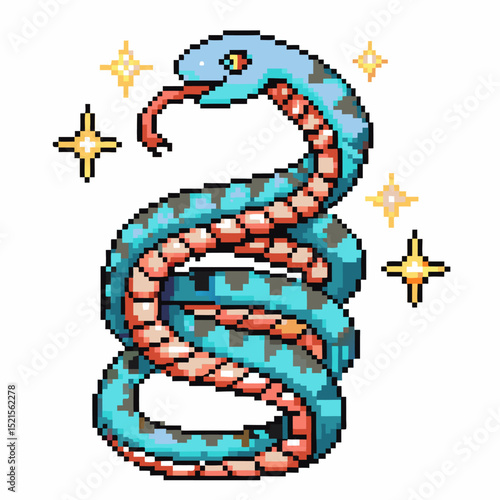 pixel art blue snake coiled with stars retro gaming style, vibrant digital illustration