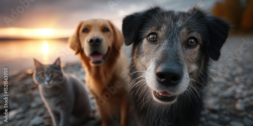 Three pets posing together at sunset by the water