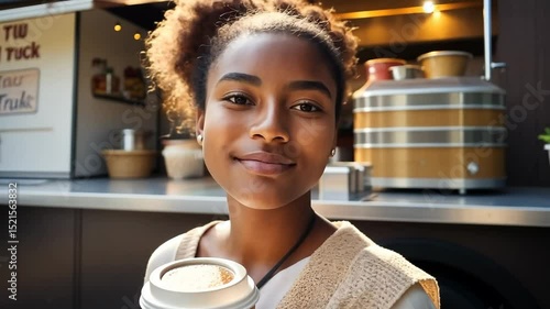 Young african american girl smiling, holding cup of coffee, in front of food truck, street food festival concept