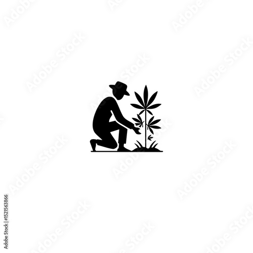 Organic Cannabis Cultivation Icon - Farmer and Plant Silhouette