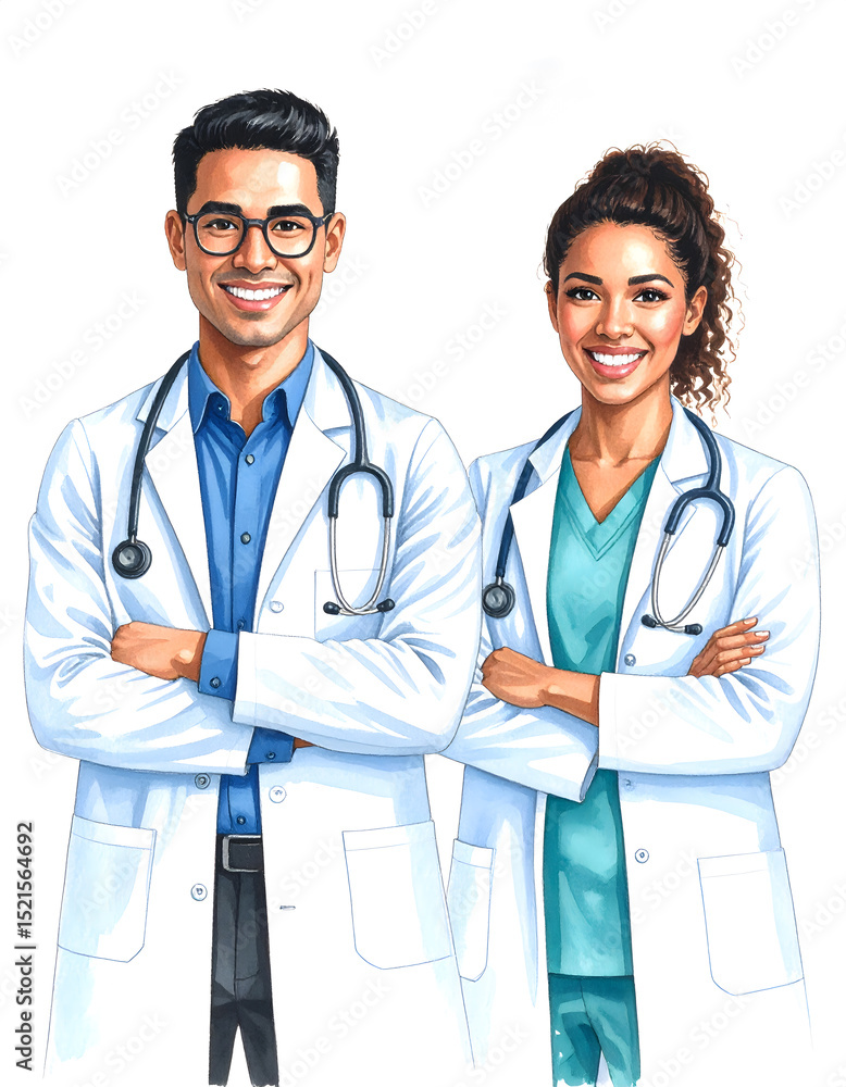 Fototapeta premium Two happy, confident young medical professionals, a male and a female, stand smiling with arms crossed, ready to help patients