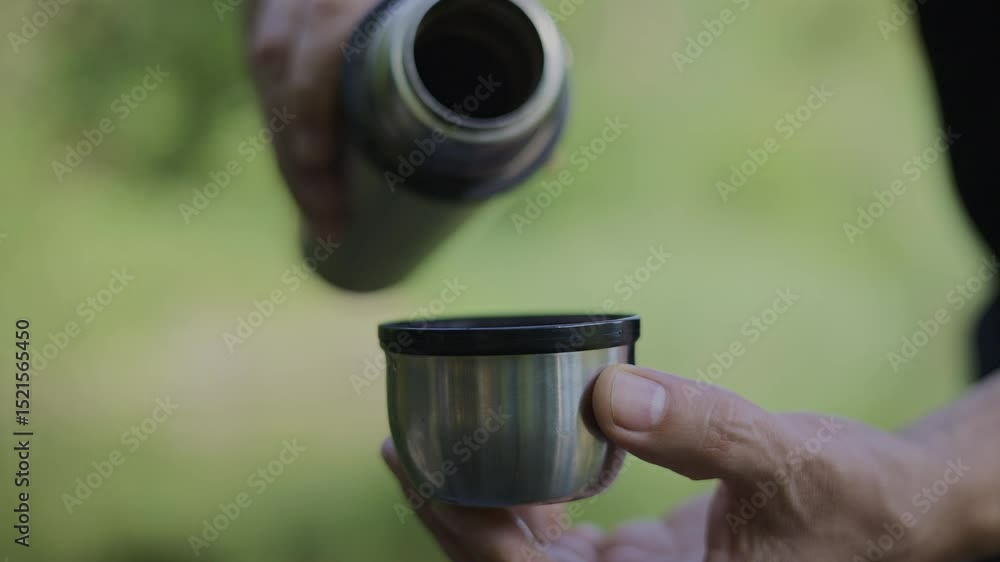 A man pours tea from a thermos into a bag A man pours tea from a thermos into a bag