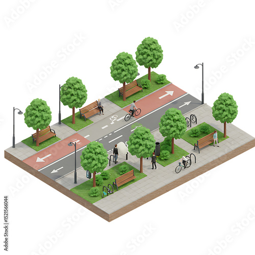 Isometric bike lane with urban infrastructure