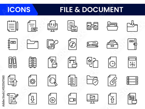 Minimalist vector web line icons representing file management, documents, organization, digital storage, and efficient data handling processes.