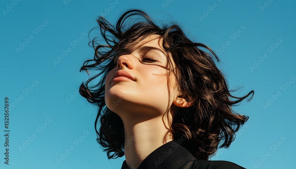 Naklejka premium Close-up portrait of a young woman with expressive features and windswept hair against a vibrant blue sky.