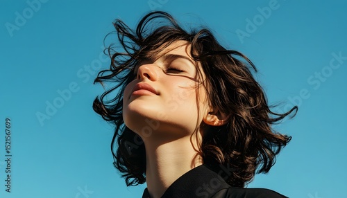 Close-up portrait of a young woman with expressive features and windswept hair against a vibrant blue sky.