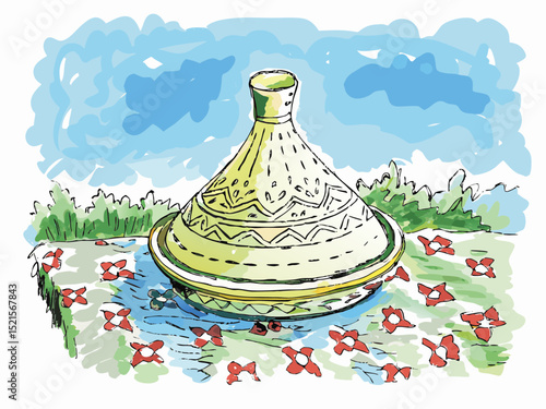 Colorful tagine pot resting on a floral tablecloth outdoors  