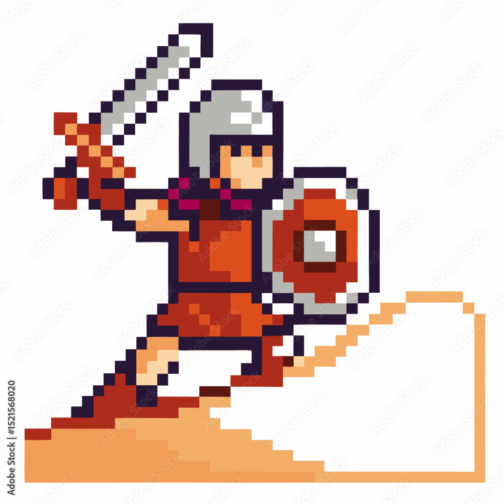 Pixel art warrior knight with sword and shield, retro video game character on stairs Pixel art warrior knight with sword and shield, retro video game character on stairs