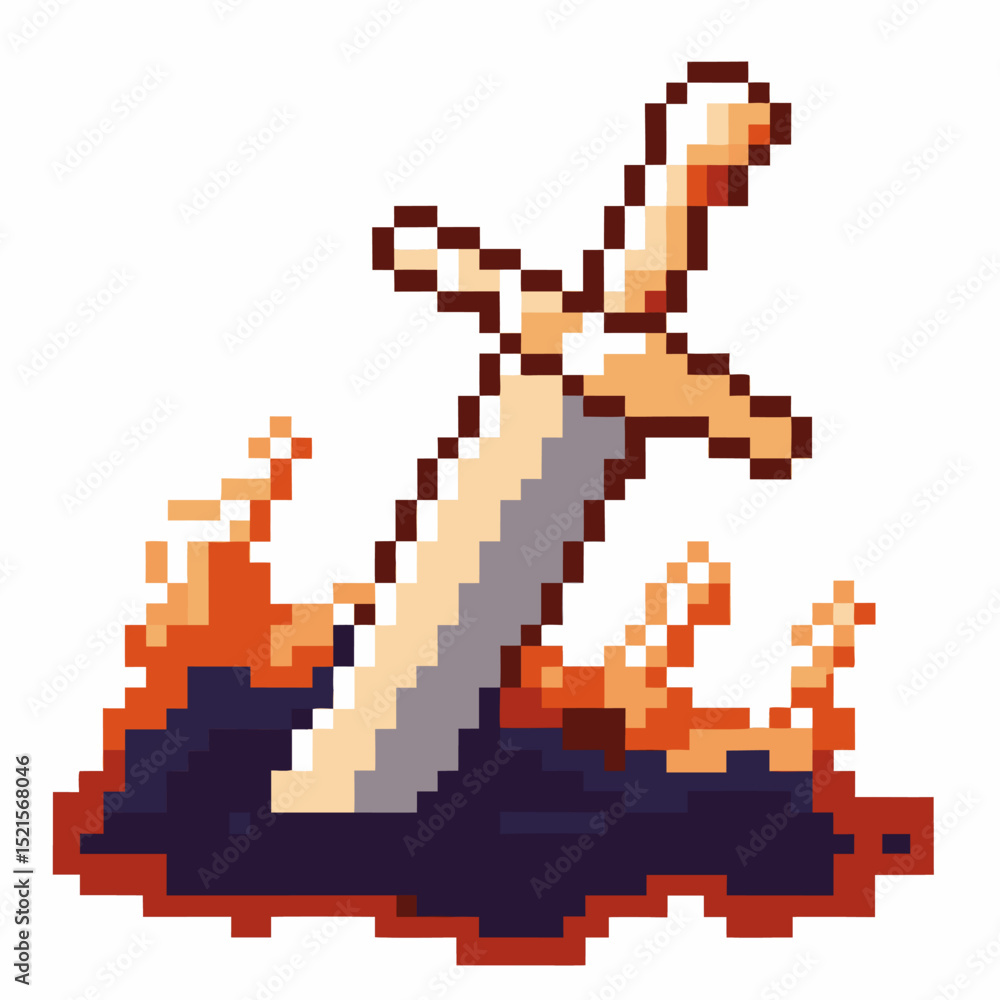 Obraz premium pixel sword in fiery lava retro gaming icon, adventure fantasy weapon, 8 bit art design, pixelated